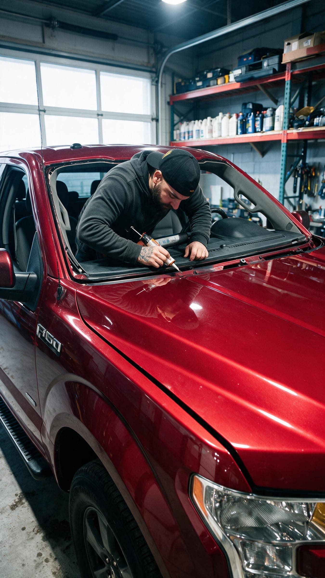 Technician priming the windshield frame on a Ford F-150 before the new glass is set